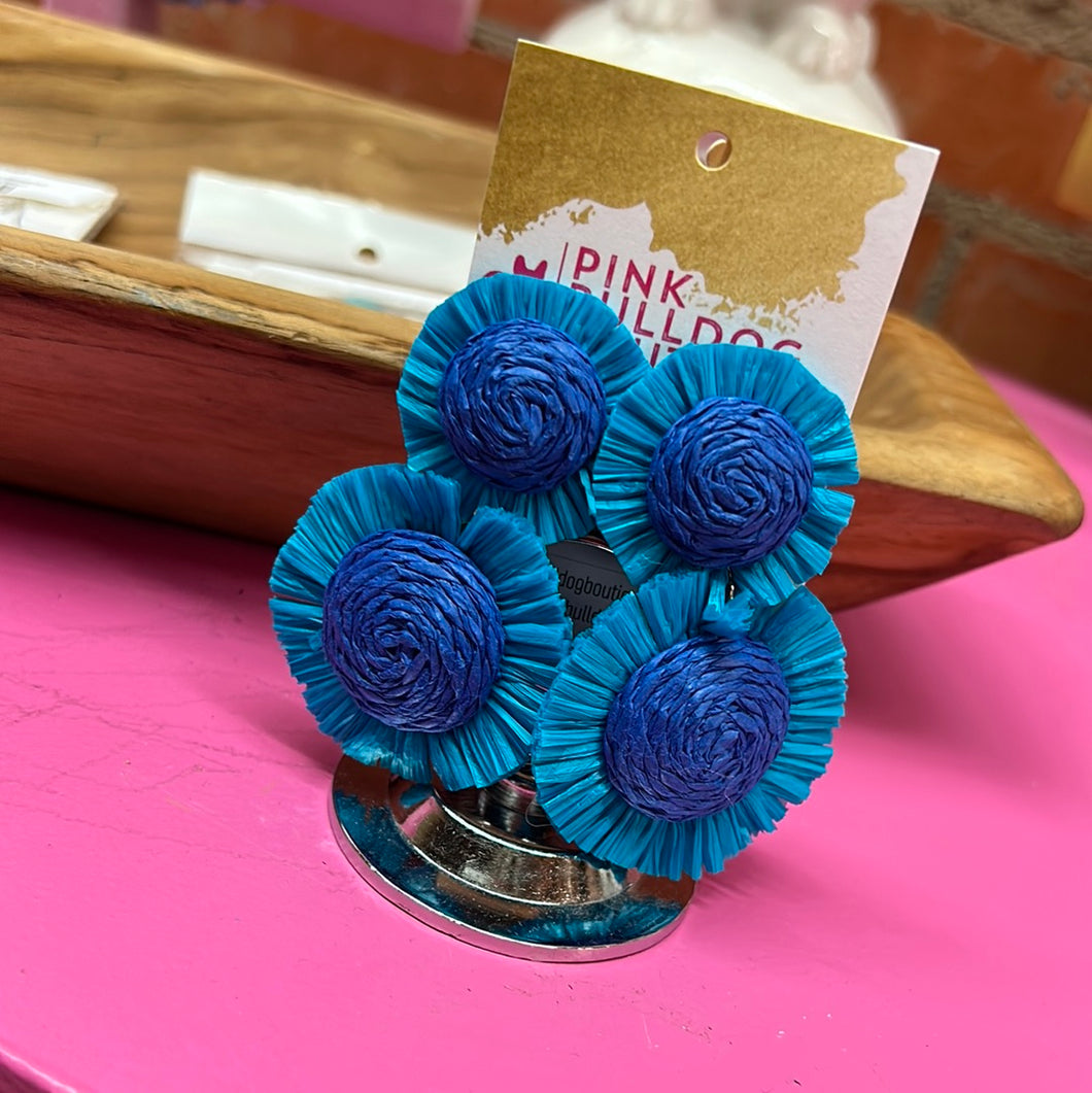 Blue circle raffia earrings