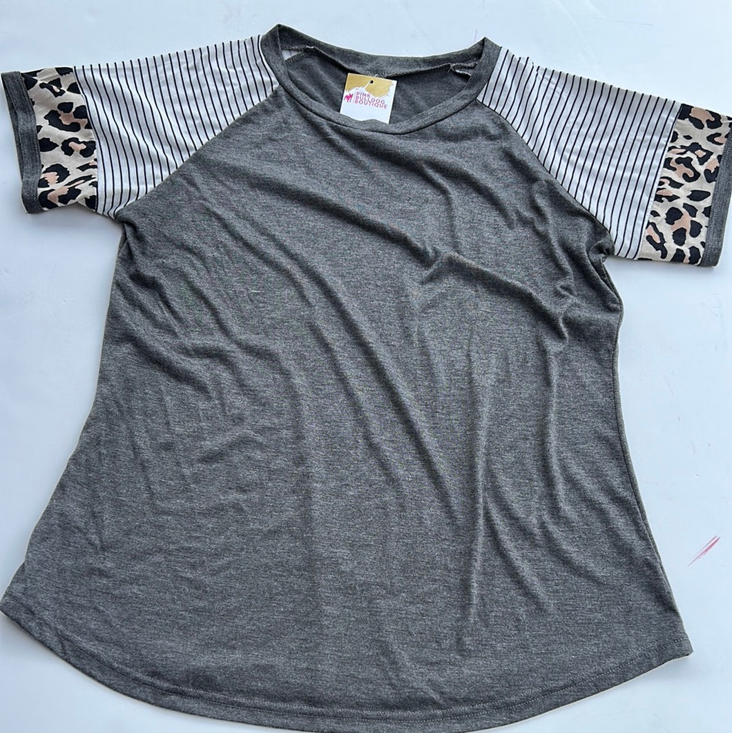 gray with leopard and stripe sleeve Pink Bulldog Womens Top, 2X