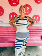 Load image into Gallery viewer, Navy Stripes Pink Bulldog Womens Dress, XL
