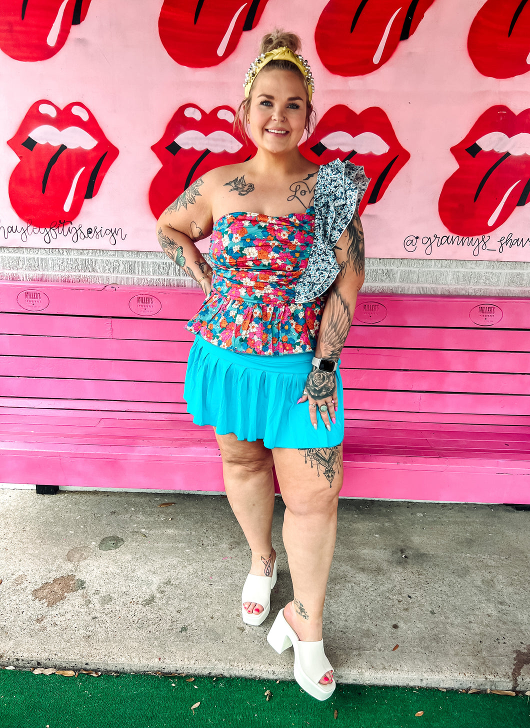 Patchwork one shoulder Ruffler Floral Top