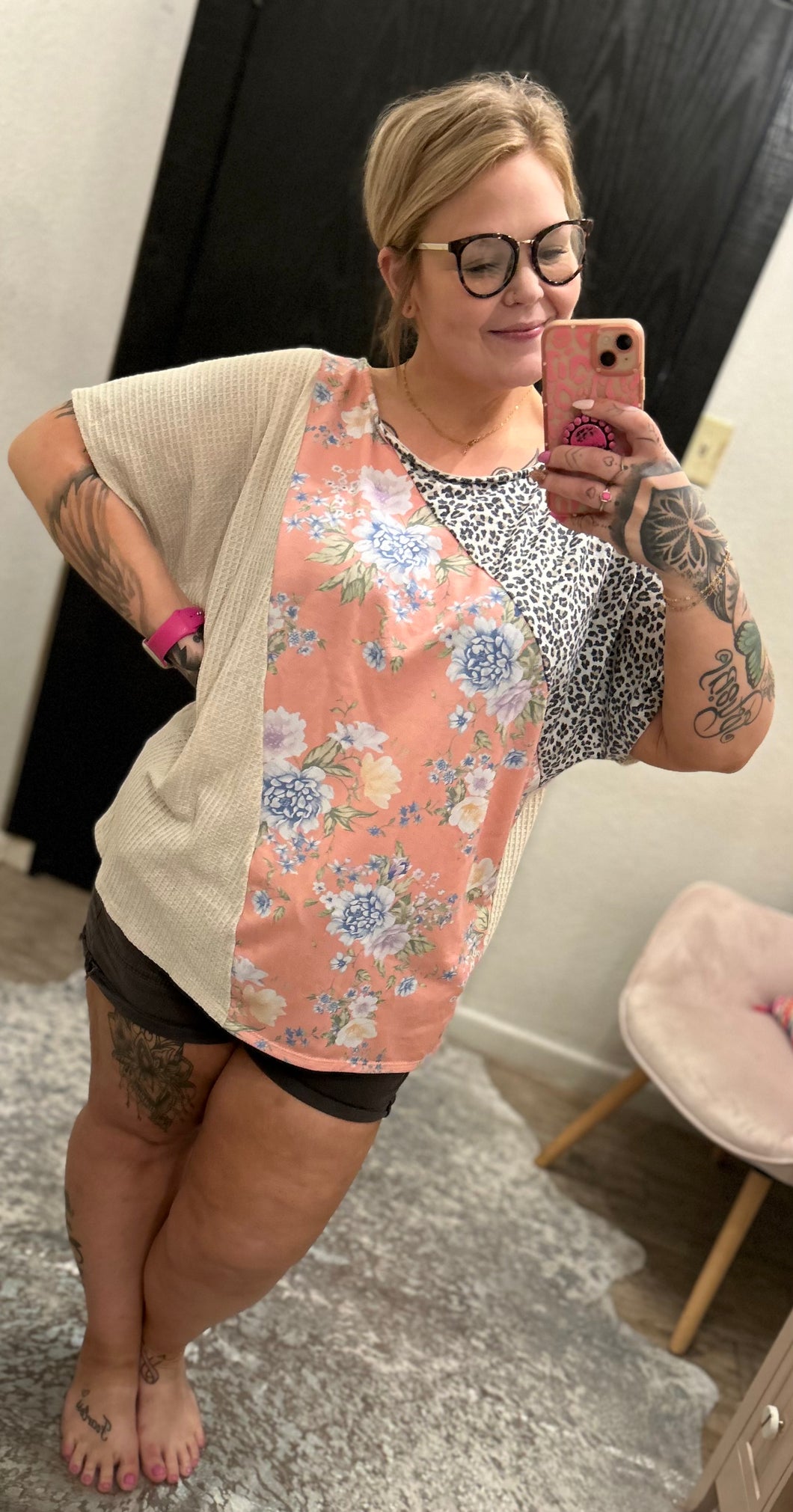 floral/ leopard waffle knit Lovely J Womens Top, 3XL