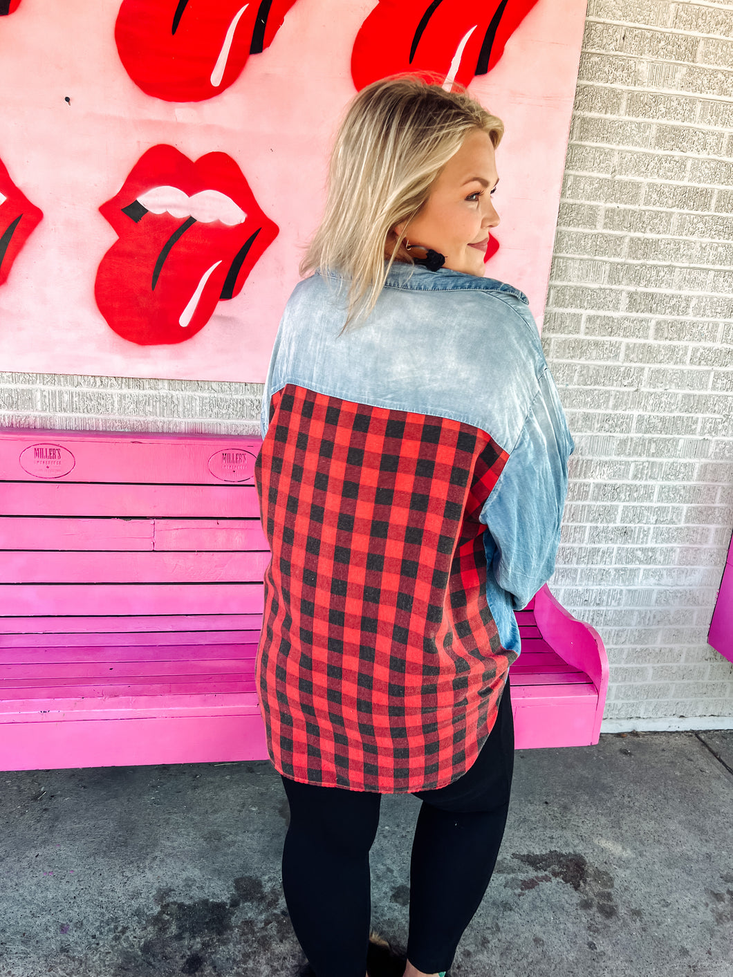 Denim with Buffalo Plaid Pink Bulldog Womens Top, 3XL