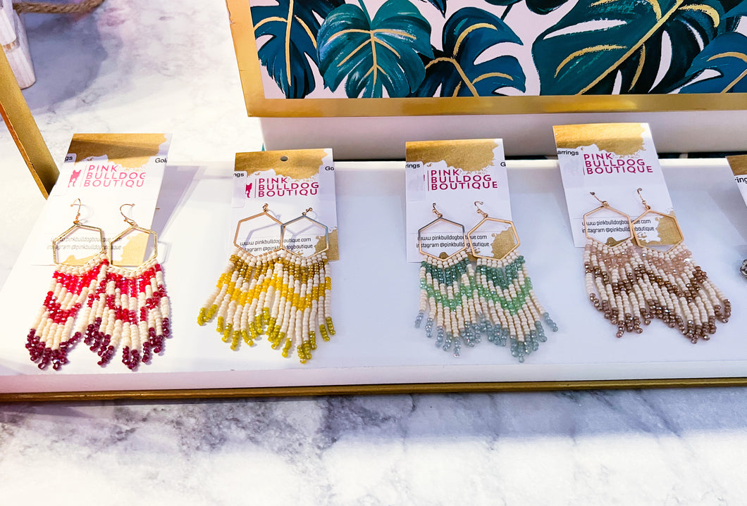 Gold hexagon chevron beaded earrings