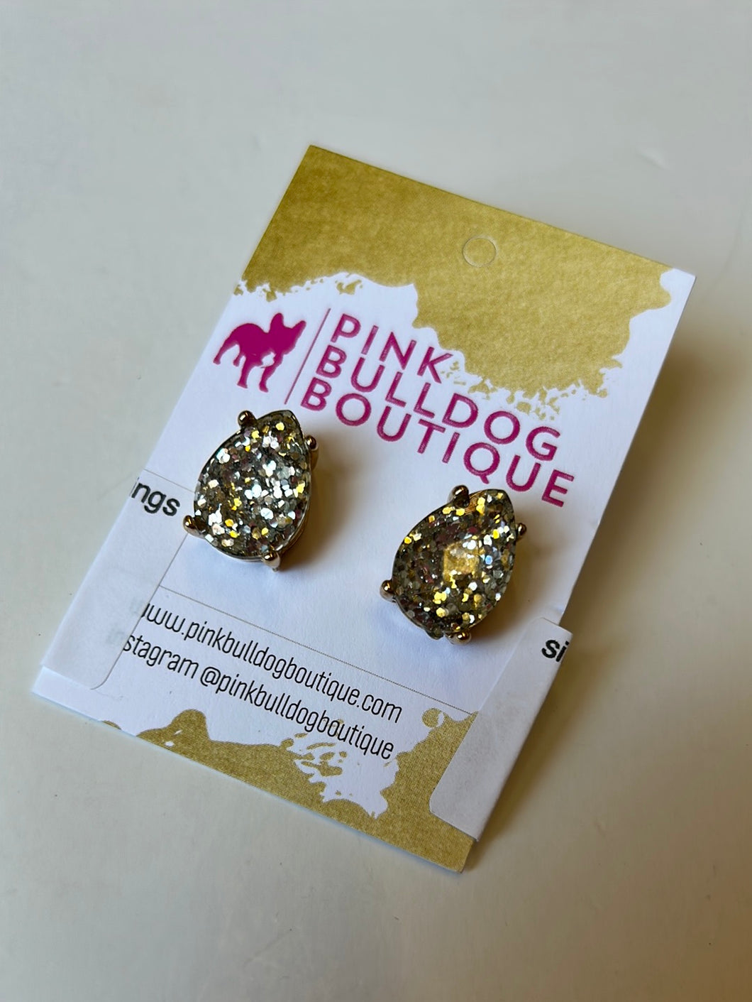 silver glitter studs Pink Bulldog Earrings