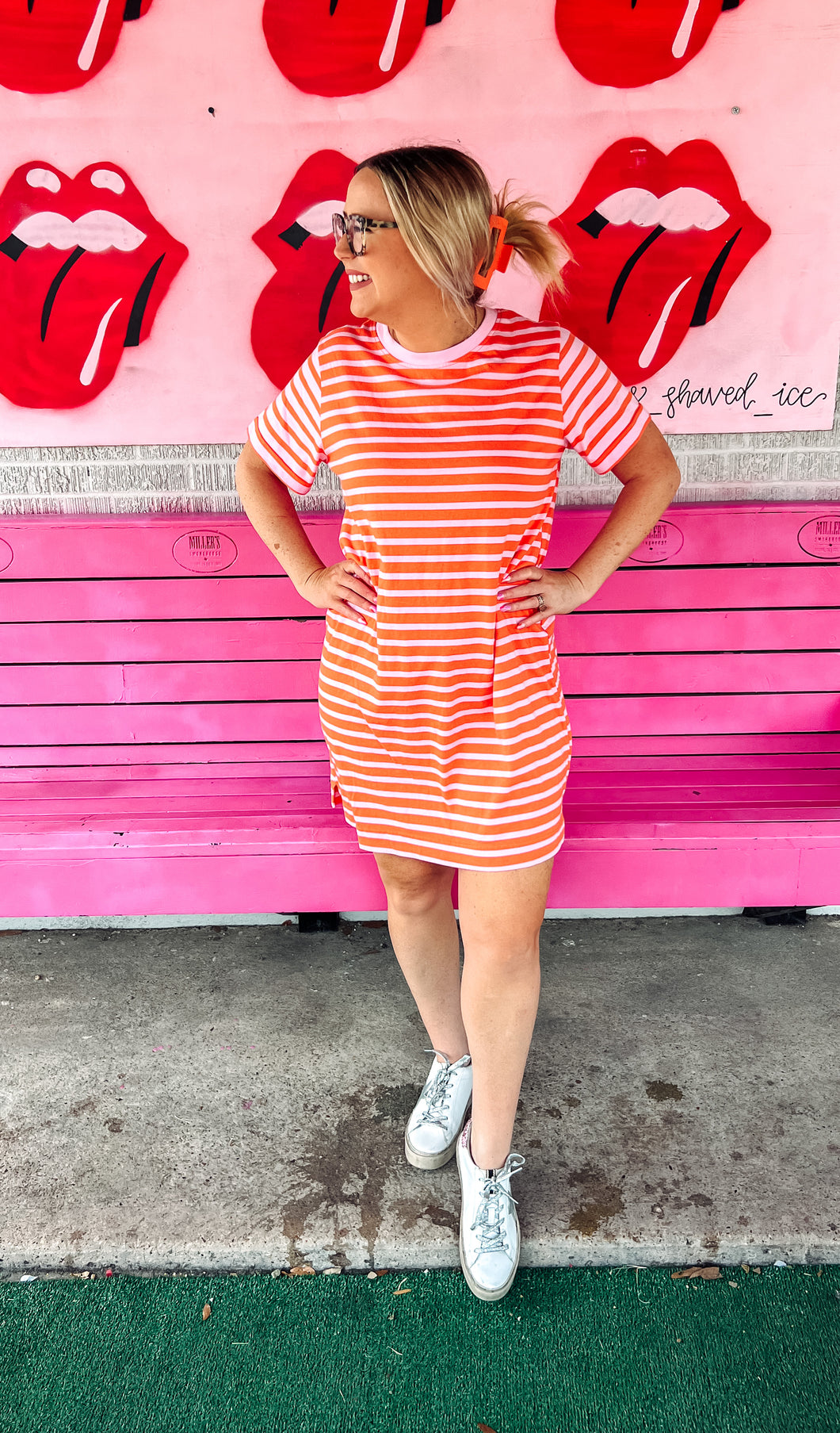 Pink/coral stripes Pink Bulldog Womens Dress, Large