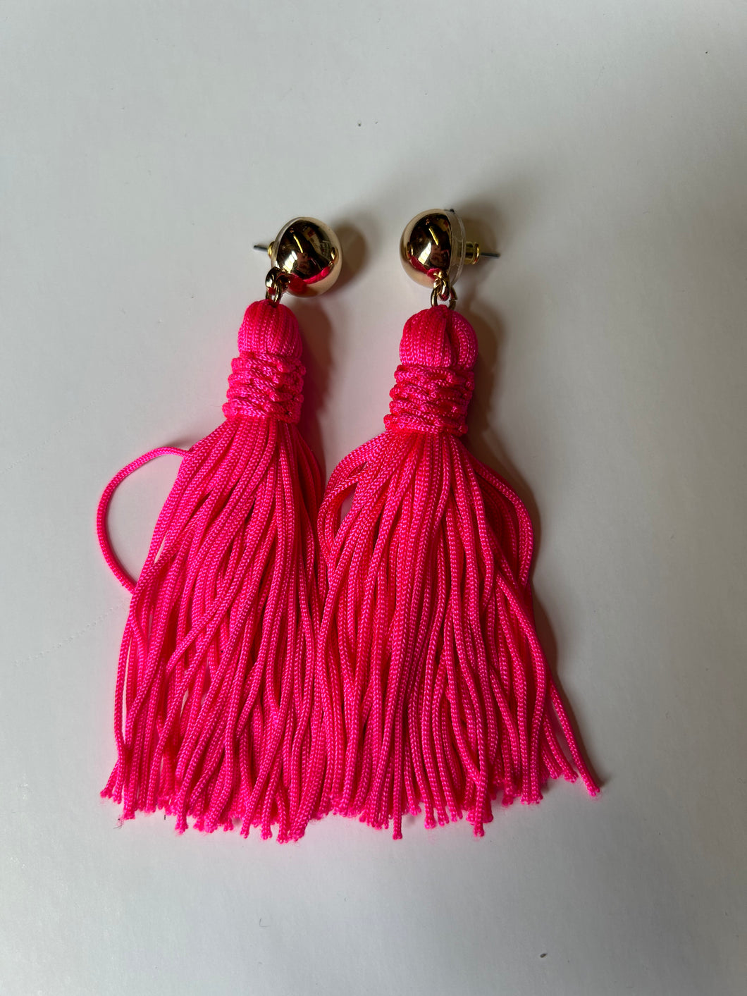 Neon Pink Tassle Pink Bulldog Earrings