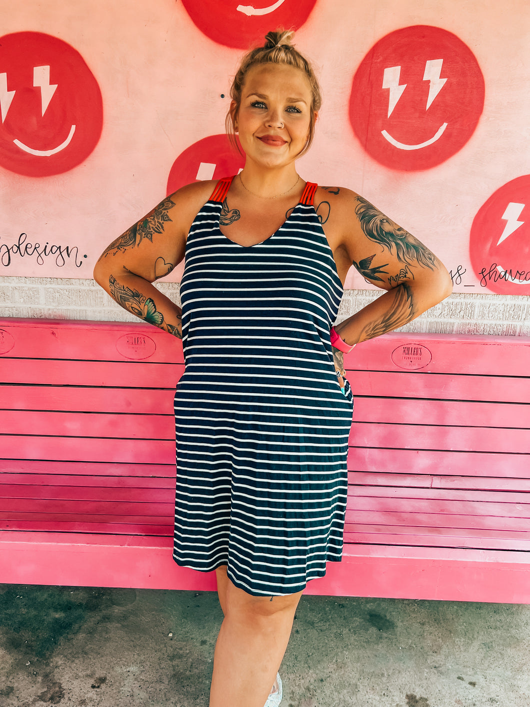 navy stripes with coral back THML Womens Dress, XL