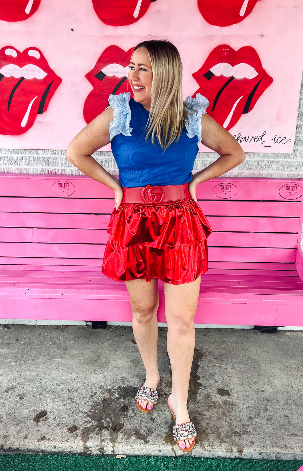 Blue ruffle stripe sleeve sleeveless top