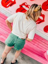 Load image into Gallery viewer, Olive denim distressed shorts
