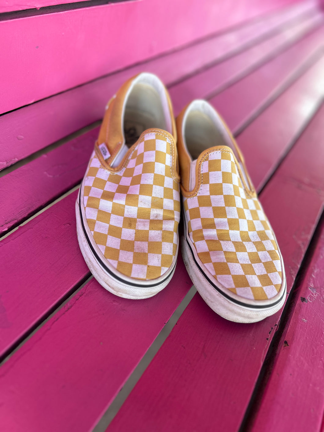 Pink yellow checkered vans best sale