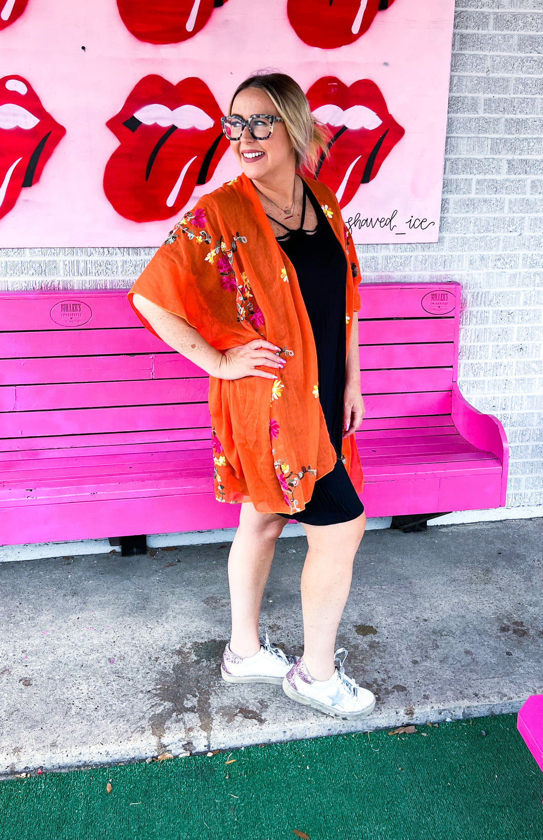 Orange Floral Pink Bulldog Kimono, One Size