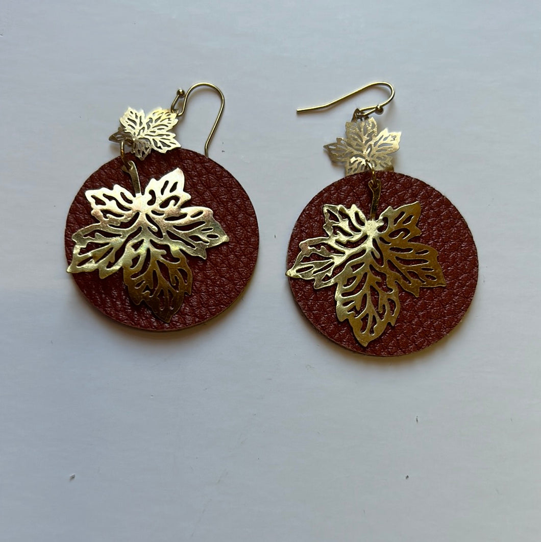 Brown with gold leaves Pink Bulldog Earrings