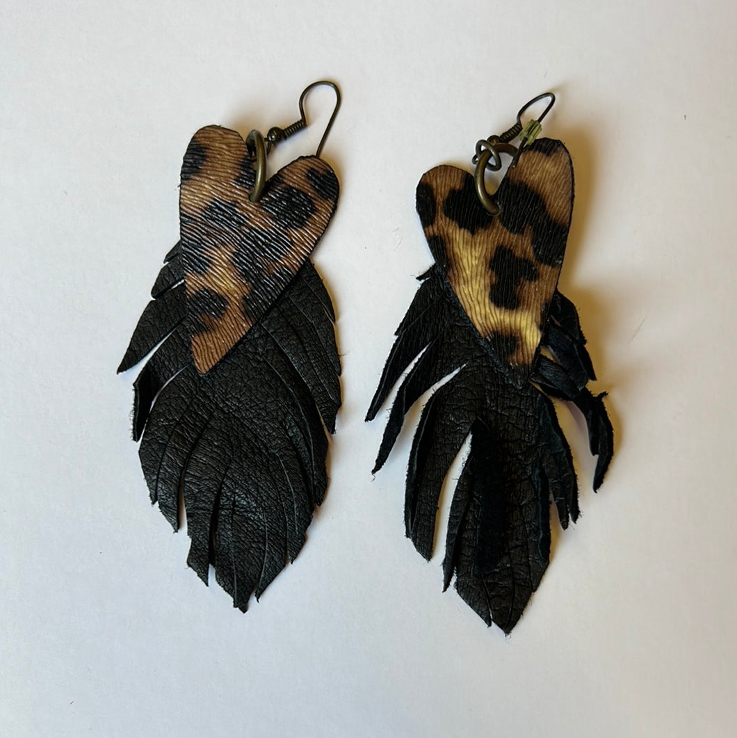 black with leopard hearts Pink Bulldog Earrings