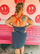 Load image into Gallery viewer, navy stripes with coral back THML Womens Dress, XL
