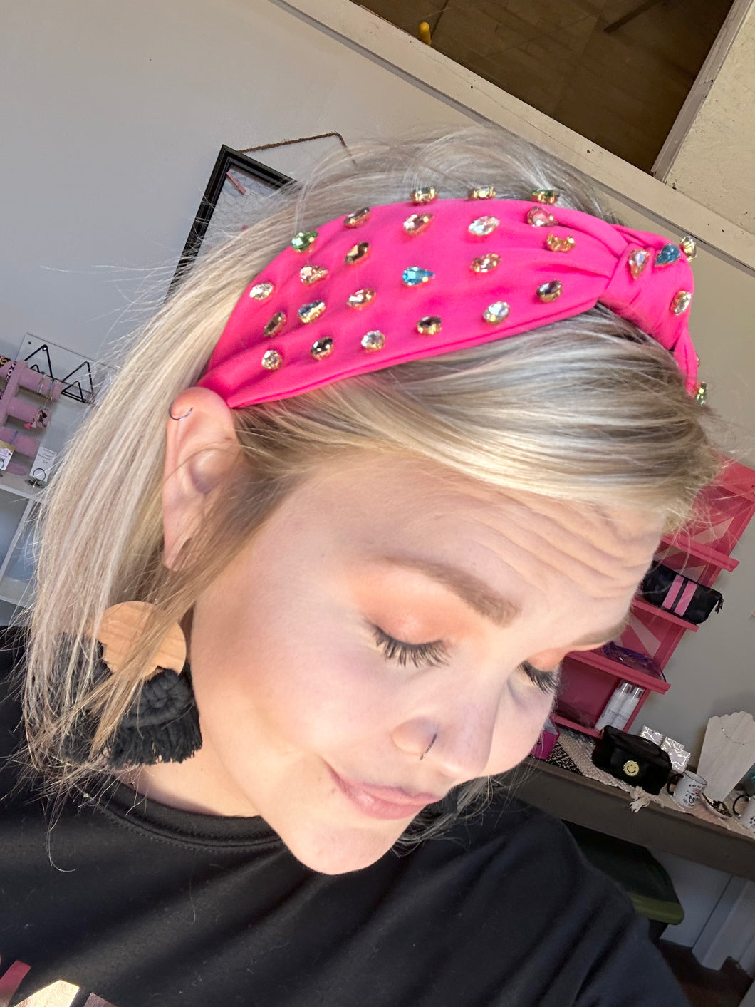 Pink Rhinestone Pink Bulldog Headband, One Size