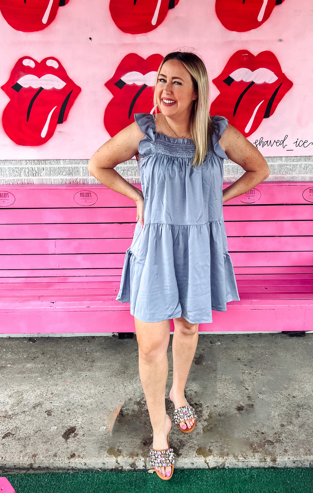 Blue gray ruffle sleeve swing dress