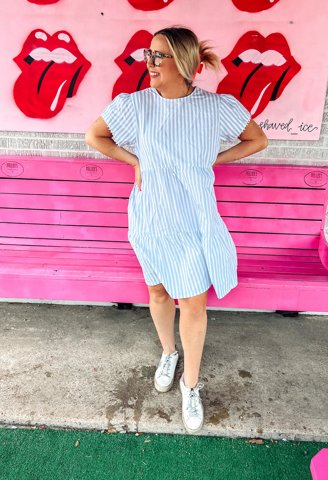 Stripes Pink Bulldog Womens Dress, XL