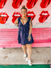Load image into Gallery viewer, Navy lace up ruffle dress

