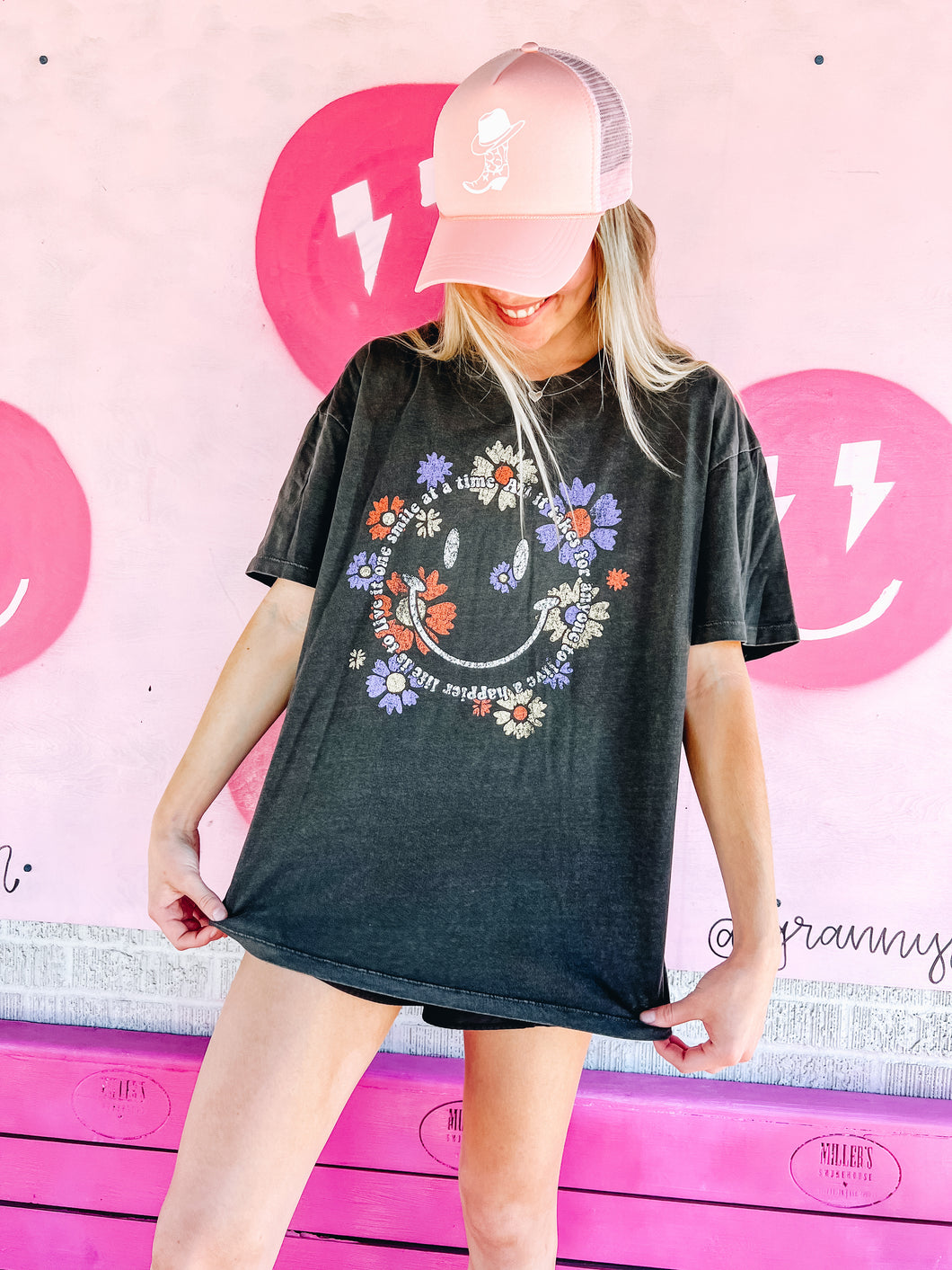 Floral Smiley Face Oversized Premium Graphic Top