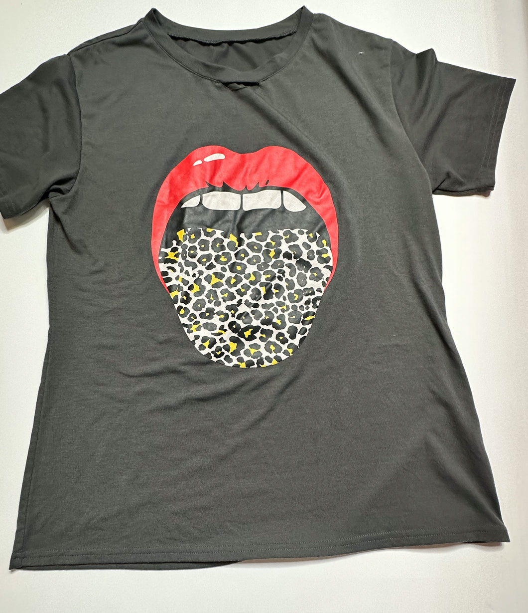 Gray with leopard tongue Pink Bulldog Womens Graphic Tee, Large