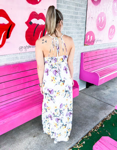 Purple floral crepe maxi dress