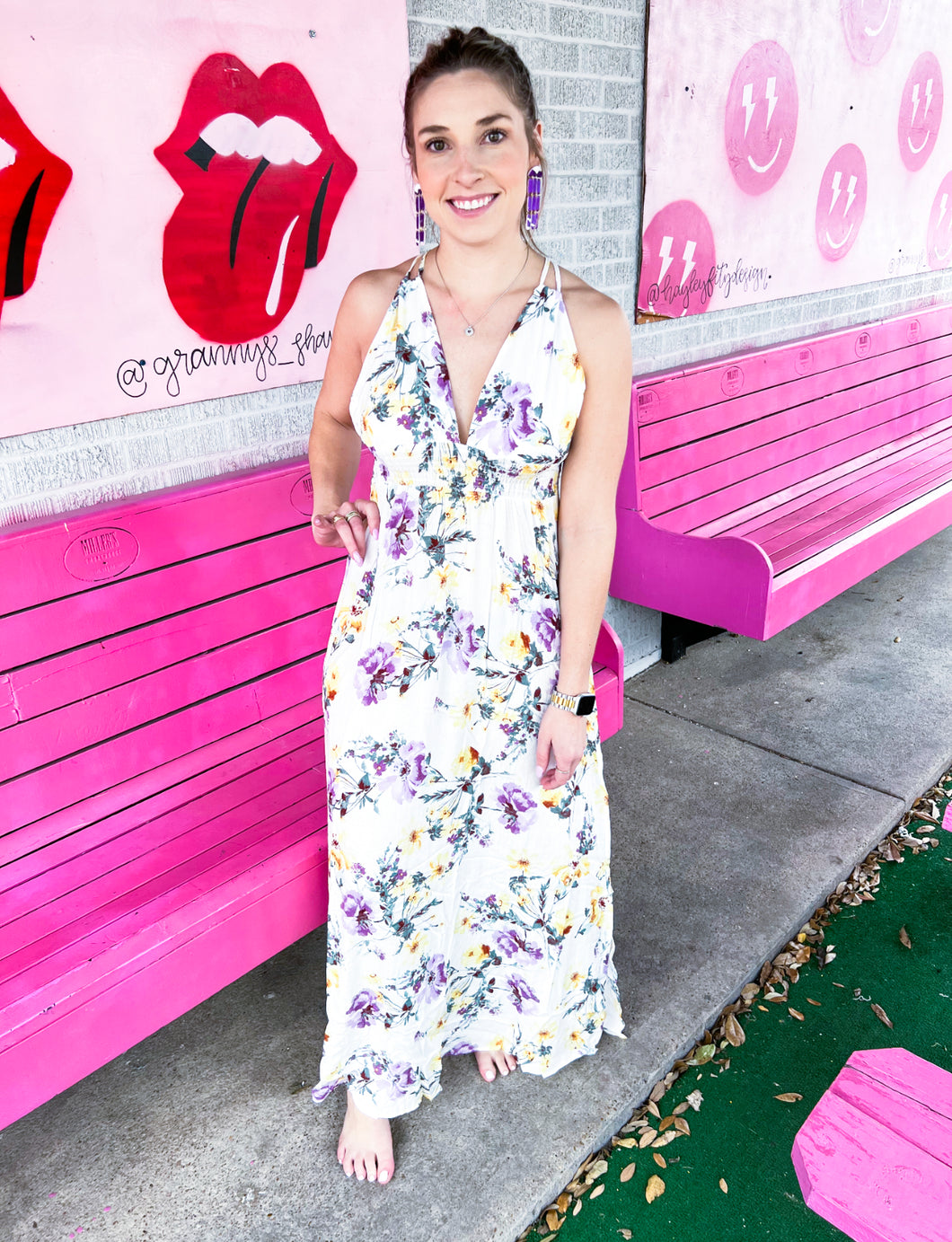 Purple floral crepe maxi dress