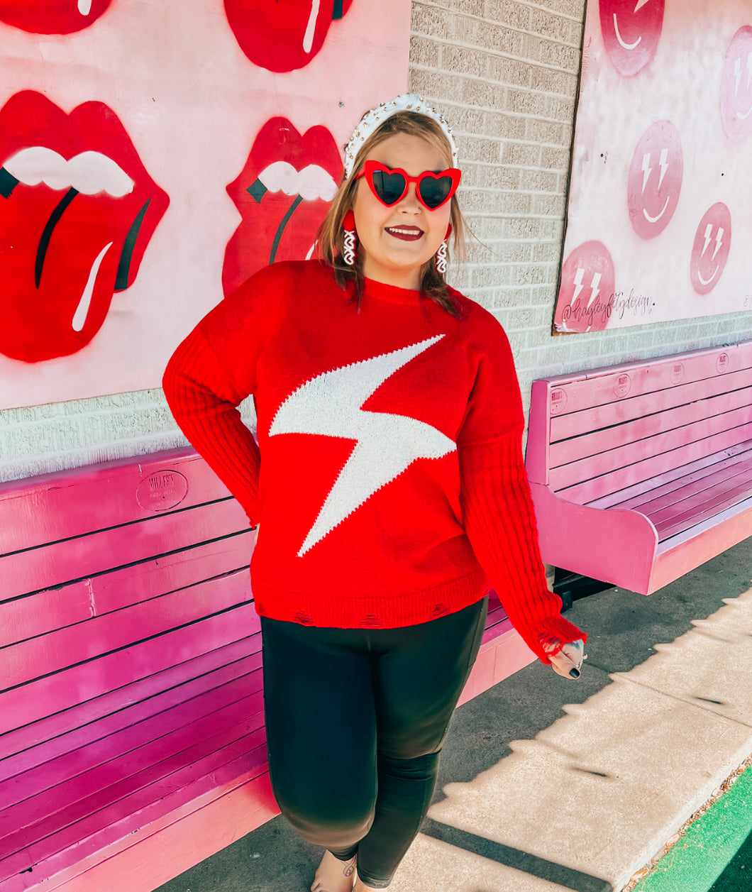 Red lightning bolt distressed sweater