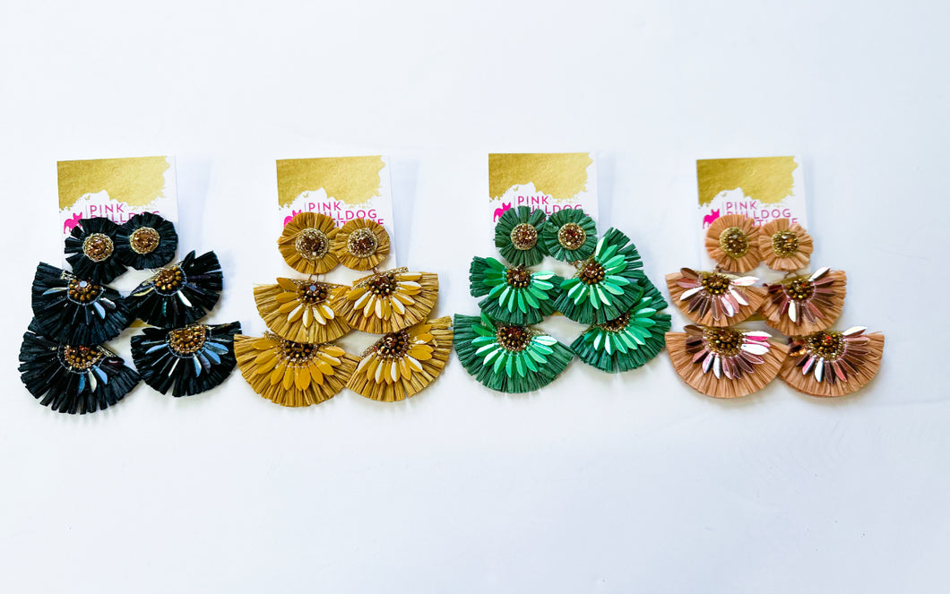 Raffia 3-tier beaded earrings
