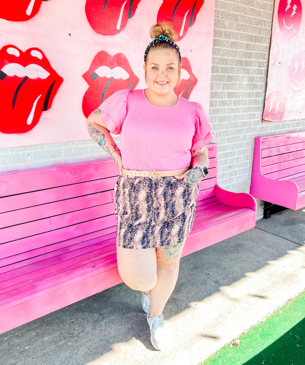 Bubblegum Pink Sweater Ruffle Sleeve Bodysuit