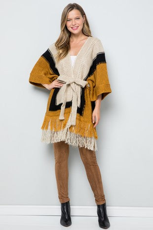 Fringe Color block Belt Poncho