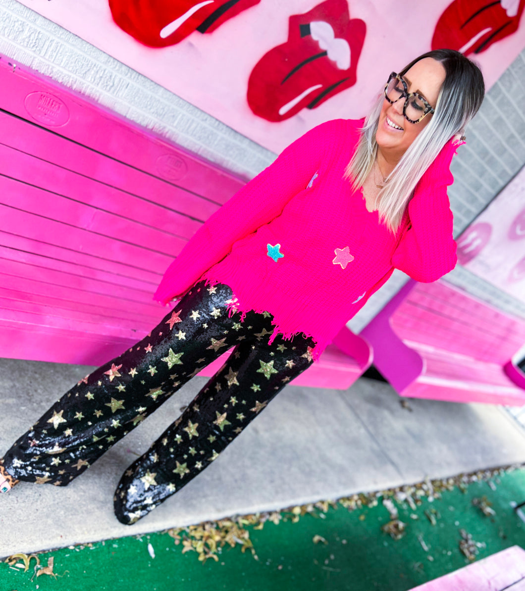 Hot pink variety patch star distressed sweater