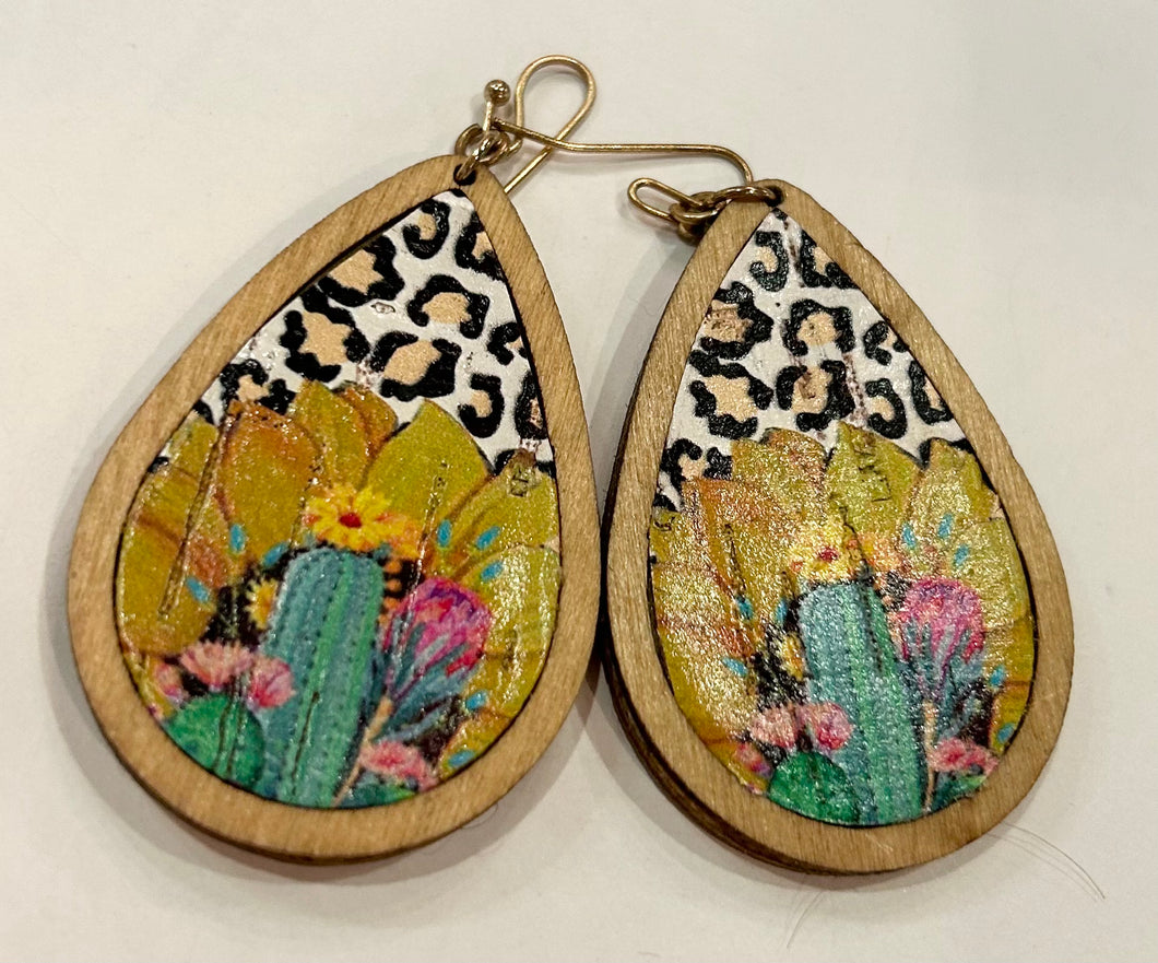Wooden Leopard with cactus Pink Bulldog Earrings