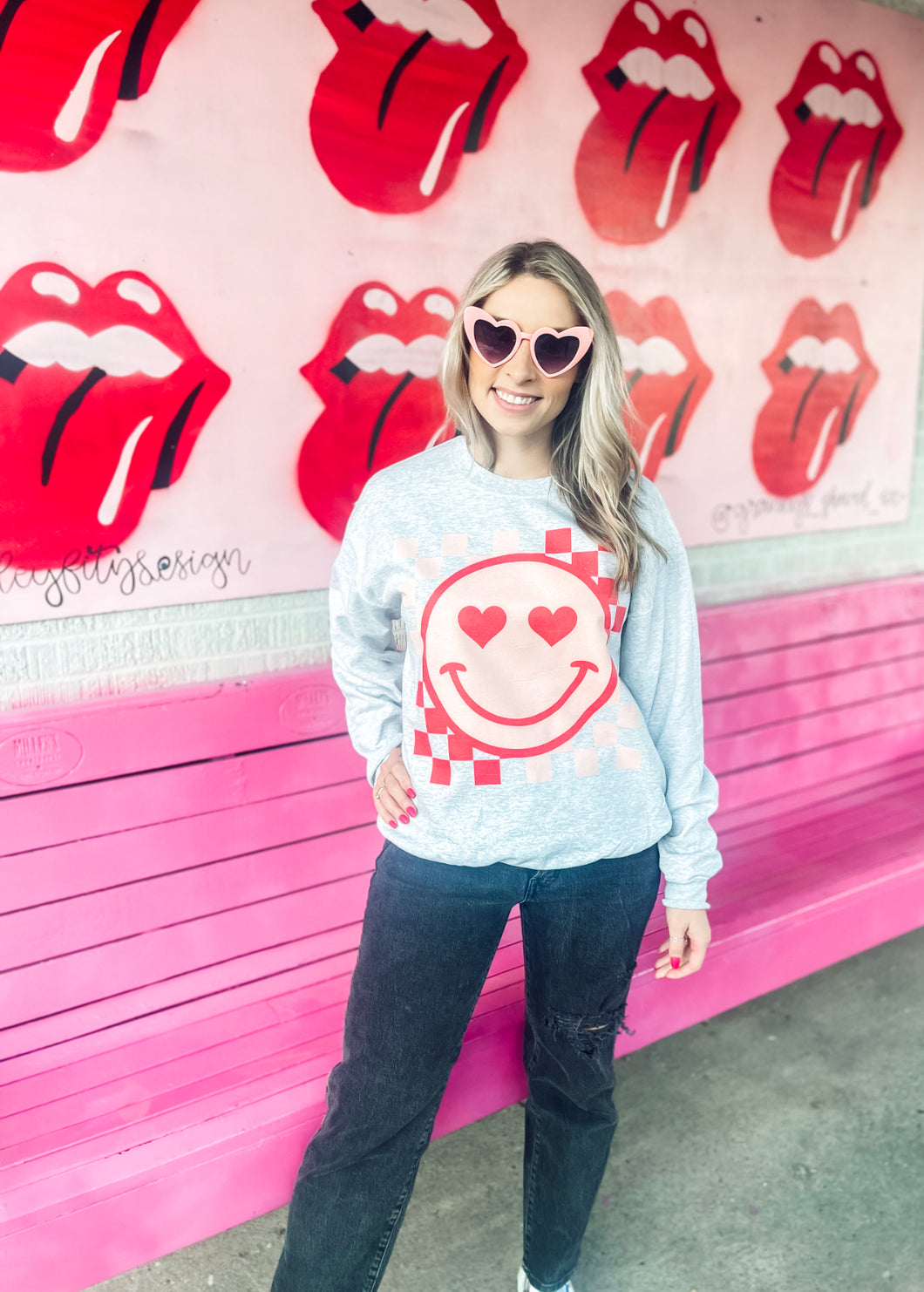 Smiley Heart eyes checkered Crewneck