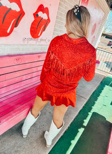 Red sequin fringe button up