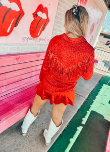 Red sequin fringe button up