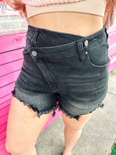 Load image into Gallery viewer, Criss cross button distressed shorts
