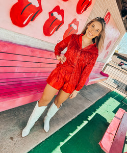 Red sequin fringe button up