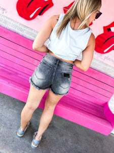 Gray wash denim fray shorts