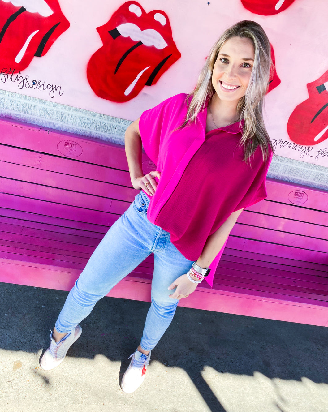 Button down color block high low